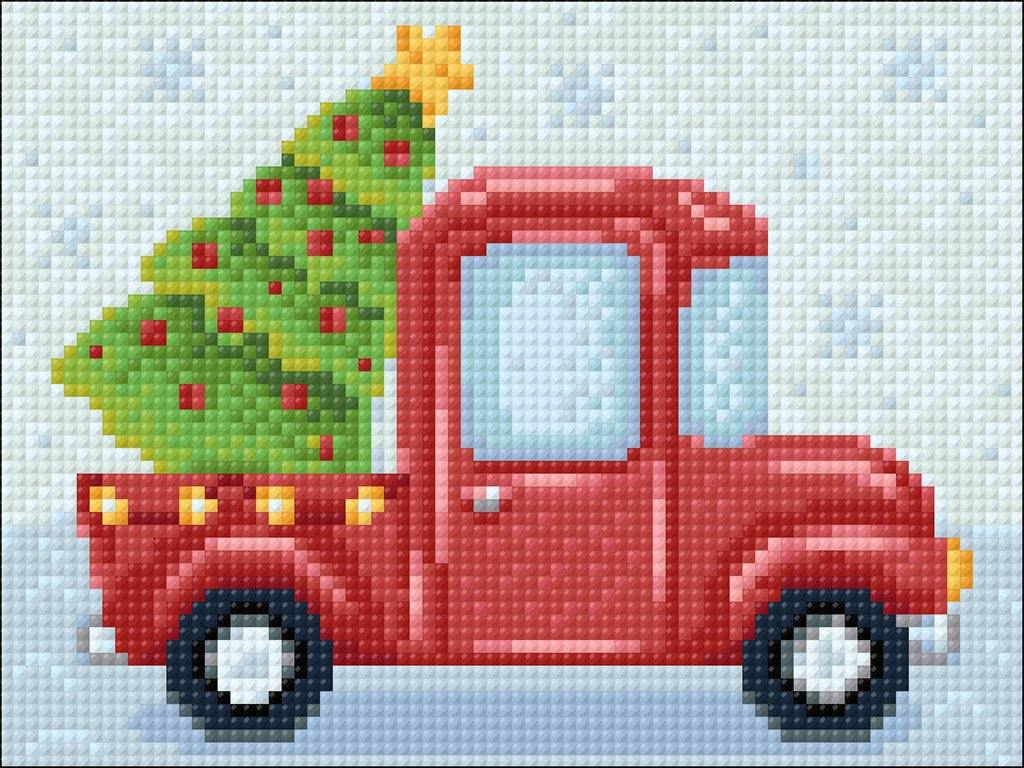 New Year Lorry CS2693 diamond painting kit with tools and pre-sorted acrylic diamonds, showcasing vibrant colors and detailed design.